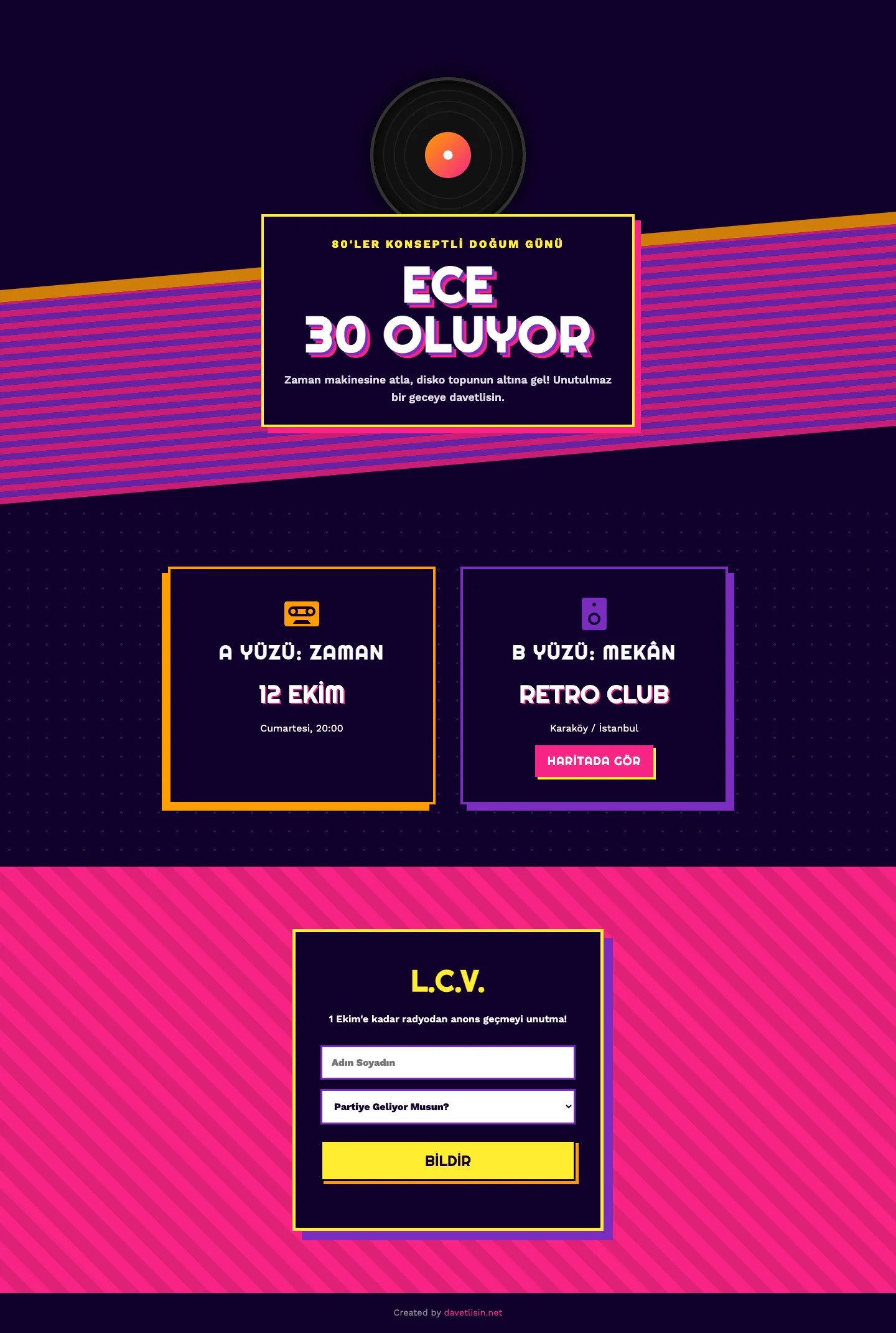 Davetlisin.net Doğum Günü Davetiyesi - Retro Disco
