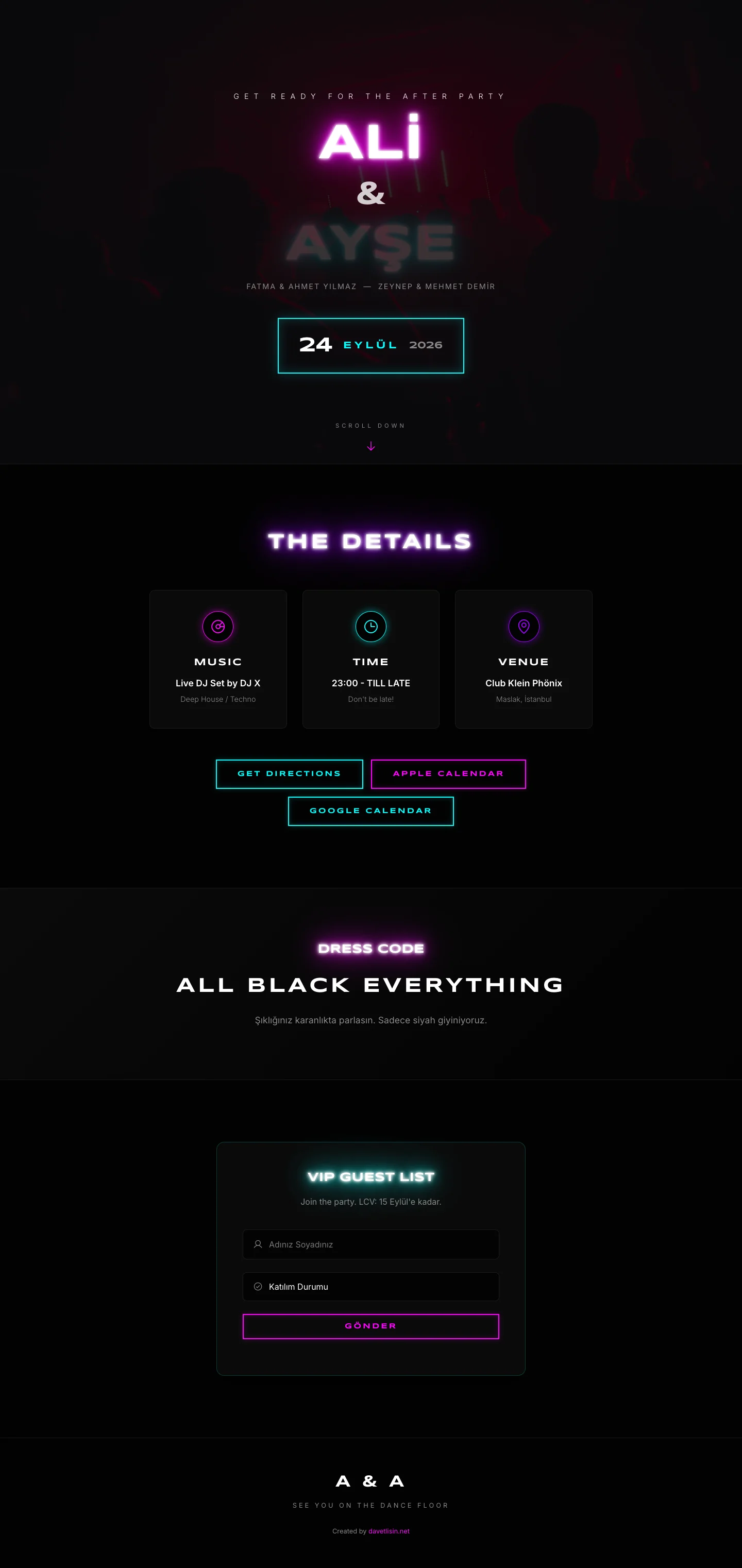Davetlisin.net Düğün Davetiyesi - Dark Mode Neon
